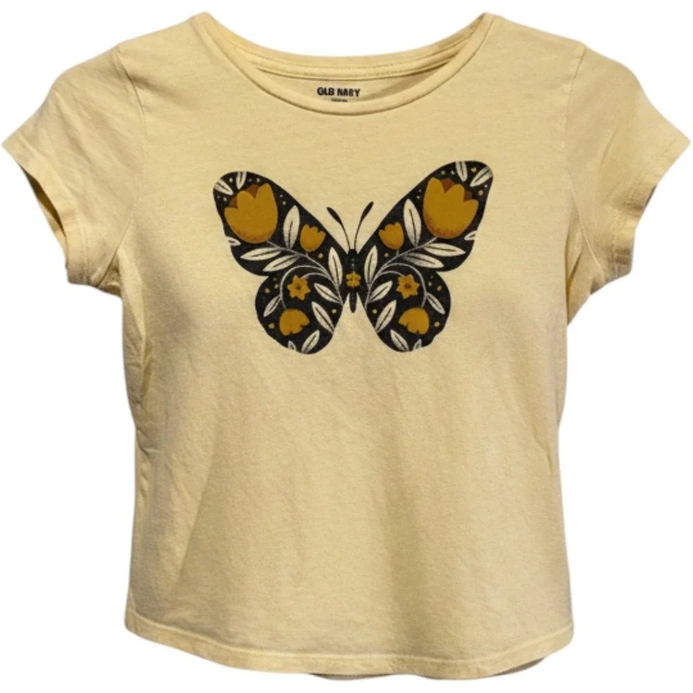 Old Navy Girls Yellow Butterfly Graphic Tee Grow Free Floral Shirt Size L‎ 10-12